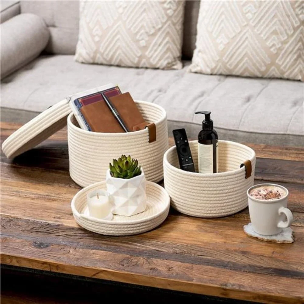Set of 2 Decorative Baskets with Lids for Organizing - Natural Cotton Rope